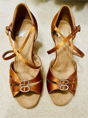 Dance Class Bronze Satin Ballroom Latin Dance Shoes Rhinestone Buckle Suede Sole